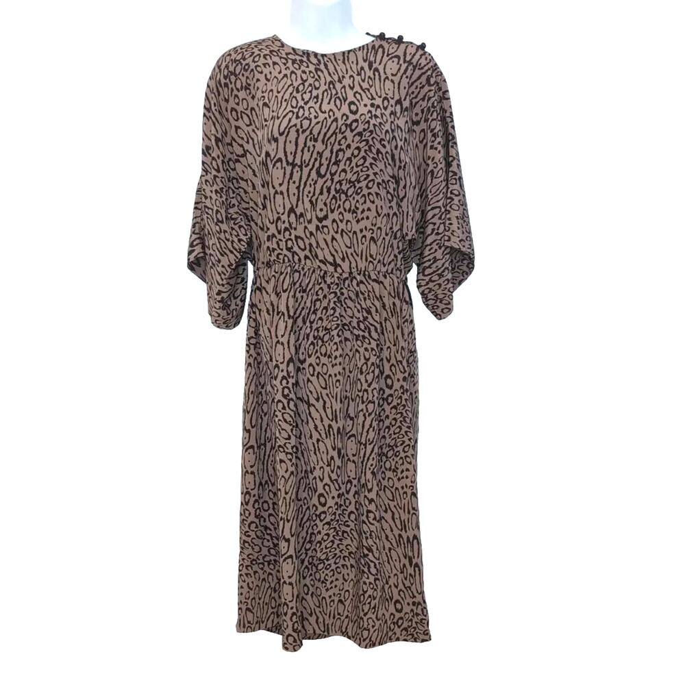 VTG 80s Dress Womens Size M Animal Leopard Print Tan Black Kimono Sleeves